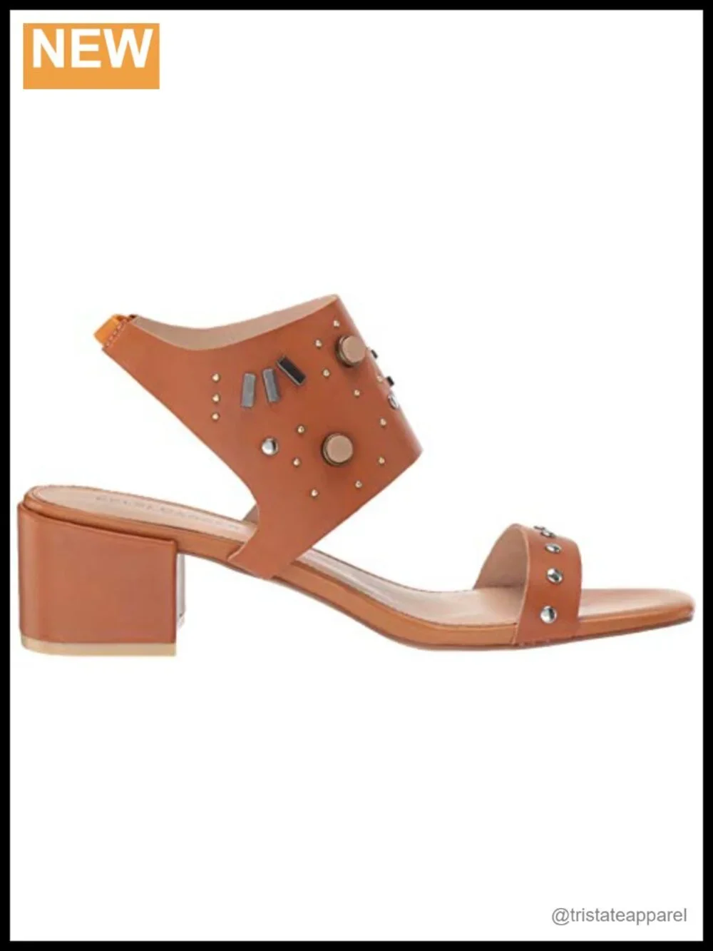 Genuine Leather Heeled Sandal Elastic Ankle Strap Metal Stud Block Mid Heel
